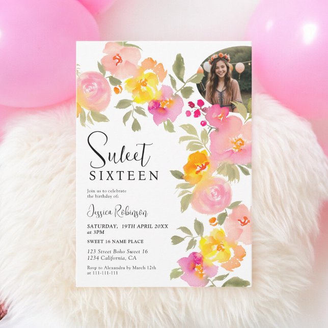 Convite Boho Floral Pink Watercolor Foto Sweet 16 (Boho Floral Pink Watercolor Script Photo Sweet 16 Invitation)