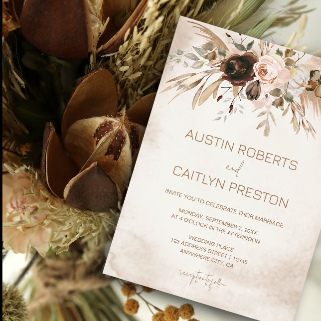 Convite Boho Floral Pumpkin Cai no Casamento do Amor (Elegant boho floral wedding invitation with soft neutral tones #rusticwedding #BohoWedding )