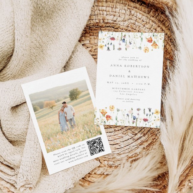 Convite Boho Floral QR Code Photo Wedding Invitation (Criador carregado)