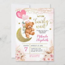 Convite Boho Floral Rosa Bearly Wait Baby Shower