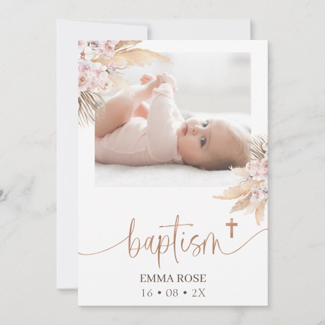 Convite Boho Floral Rosa Dourado Calliografia Foto Baptism (Frente)