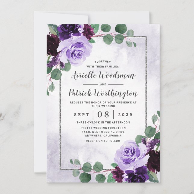 Convite Boho Floral Roxo e Casamento Prateado da Elegante  (Frente)