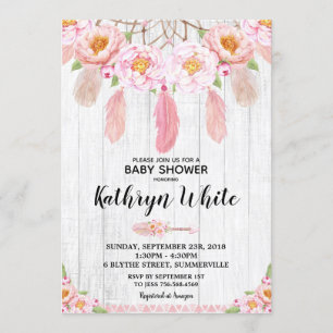 Convite Boho Floral Rustic Chá de fraldas Invent Girl