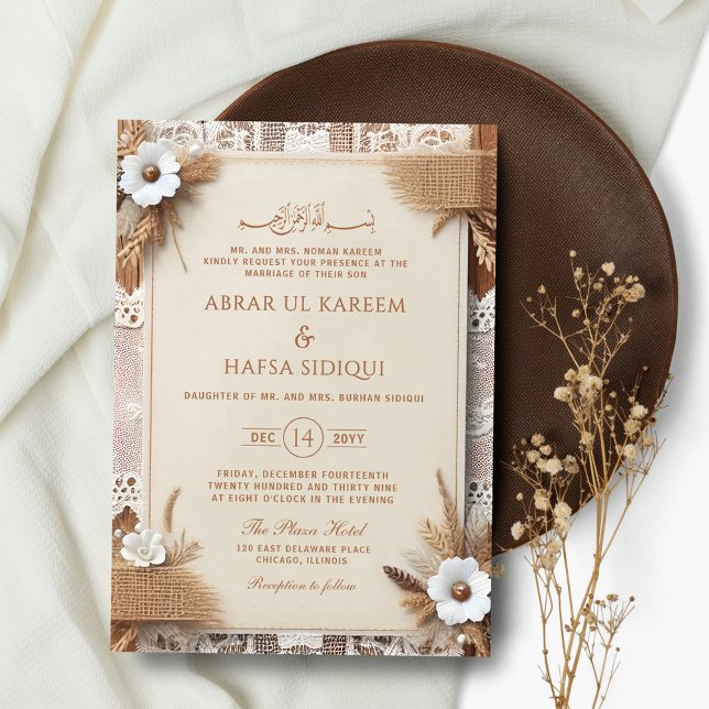 Convite Boho Floral Rustic Monograma Casamento Islâmico (Criador carregado)