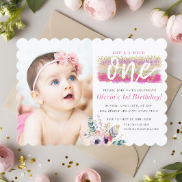 Convite Boho Floral Selvagem Um Aniversário de Um Ano da M