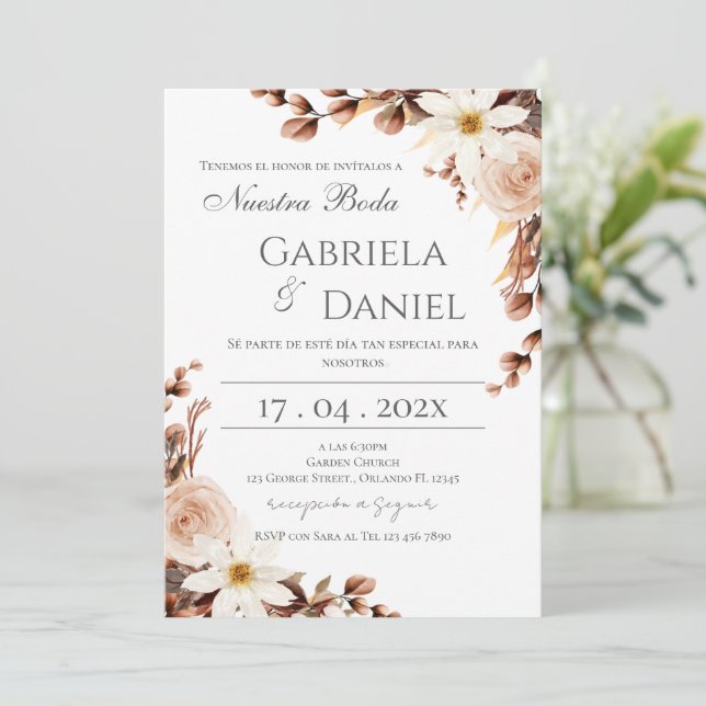 Convite Boho Floral Spanish Wedding Invitation (Em pé/Frente)