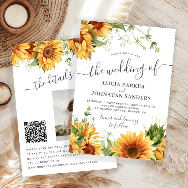 Convite Boho floral sunflower black and white wedding (Criador carregado)