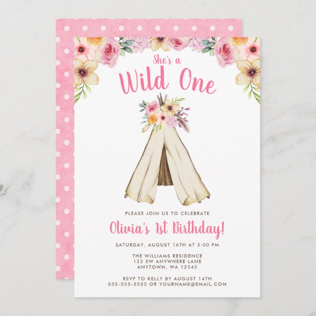 Convite Boho Floral Tribal Teepee Wild One primeiro aniver (Frente/Verso)