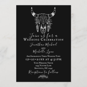 Convite Boho Floral Vaca Caveira Negra e Casamento Branco