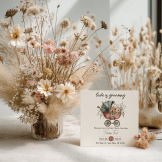 Convite Boho Floral Vintage Baby Carriage Baby Shower Invi
