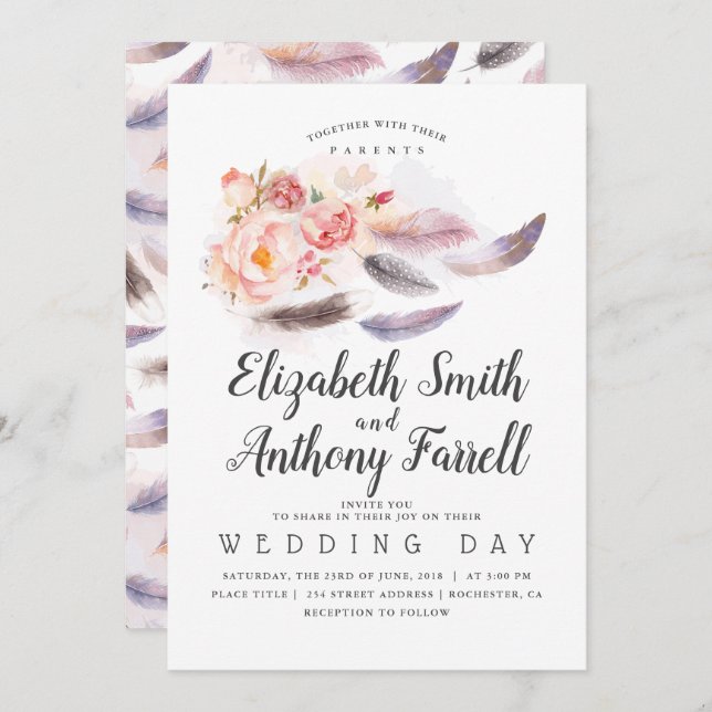 Convite Boho Floral Watercolor Casamento (Frente/Verso)