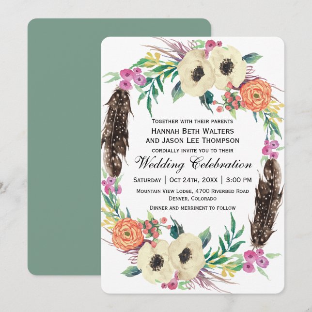 Convite Boho Floral Watercolor Wedding (Frente/Verso)