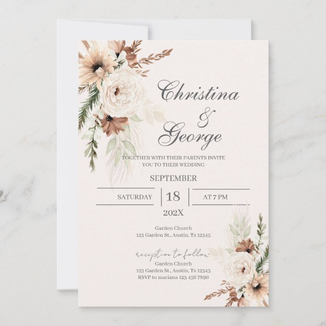 Convite Boho Floral Wedding Invitation (Frente)