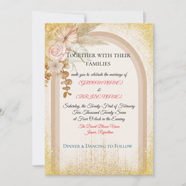 Convite Boho Floral Wedding Invitation with Gold Sparks (Frente)