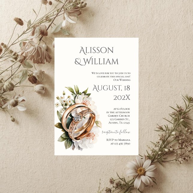 Convite Boho floral wedding invitation with rings (Criador carregado)