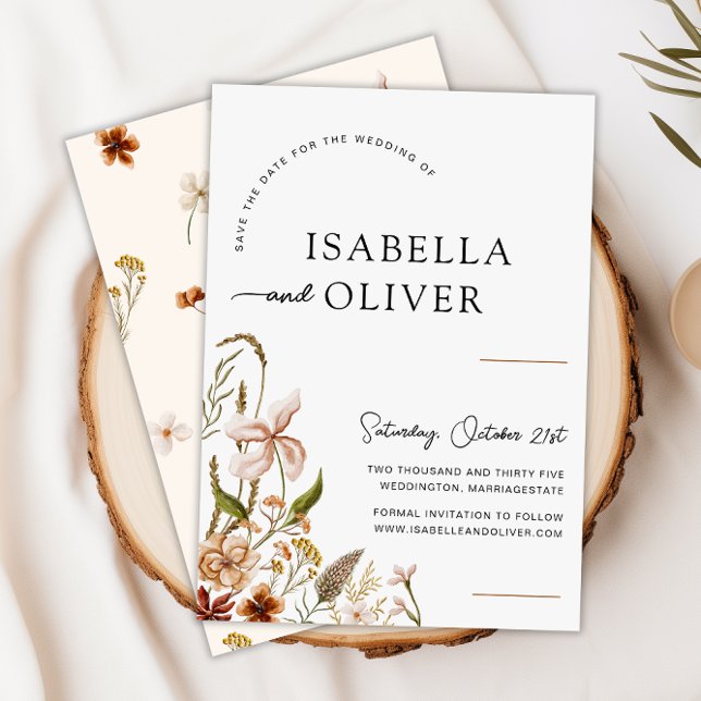 Convite Boho Floral Wedding Save the Date Flat Card (Boho Floral Wedding Save the Date Flat Card -Front and Back)