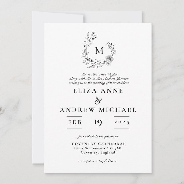 Convite Boho Floral Wreath Monograma Casamento Personaliza (Frente)