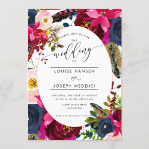 Convite Boho Florals Burgundy Marinho Watercolor Casamento