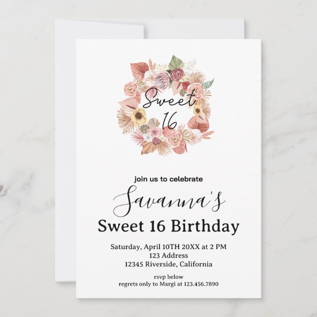 Convite Boho Florals Personalized Sweet 16 Birthday (Frente)