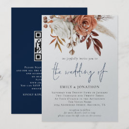 Convite Boho Florals QR Code Marinho Casamento no inverno 