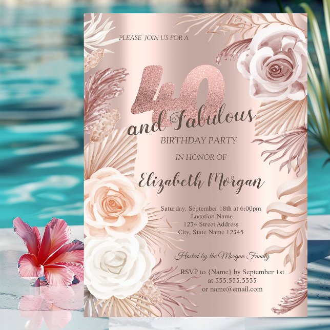 Convite Boho Flores Aniversário de 40 anos Dourado Rosé (Criador carregado)
