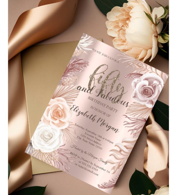 Convite Boho Flores Aniversário de 50 anos Festa Rosa Dour (Criador carregado)