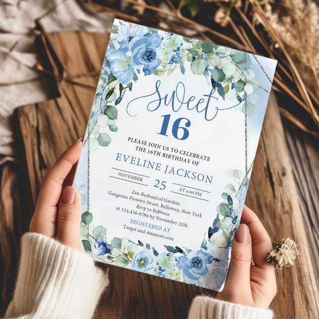 Convite Boho flores azuis leves eucalipto prata doce 16 (elegant watercolor blue flowers sage eucalyptus silver frame sweet 16 invitation)