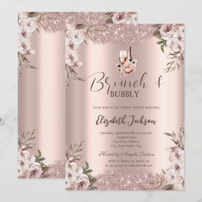 Convite Boho Flores Brilhantes Rosa Chá de panela de Quadr (Frente/Verso)