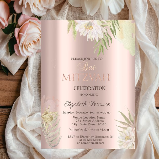 Convite Boho Flores Brilho Gotas Rosa Dourado Bat Mitzvah  (Criador carregado)