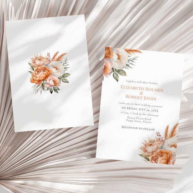 Convite Boho Flores de Coral Casamento de Verão (Boho Coral Flowers Summer Wedding Invitation - front and back - on a neutral dry palm leaf.)