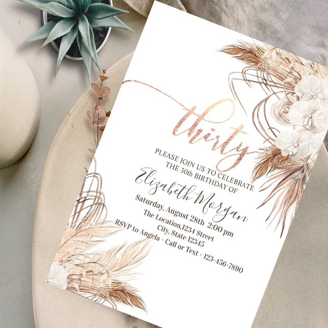 Convite Boho Flores Grama Pampas Aniversário de 30 anos  (Criador carregado)