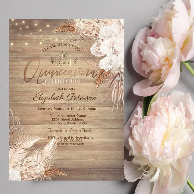 Convite Boho Flores,Luzes,Madeira Quinceañera (Criador carregado)