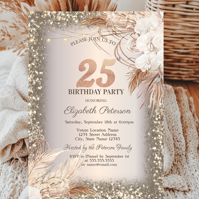 Convite Boho Flores, Luzes Moldura Brilho 25º Aniversário (Criador carregado)