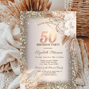 Convite Boho Flores, Luzes Moldura Brilho 50º Aniversário