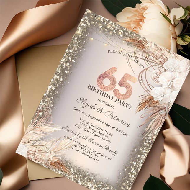 Convite Boho Flores, Luzes Moldura Brilho 65º Aniversário (Criador carregado)