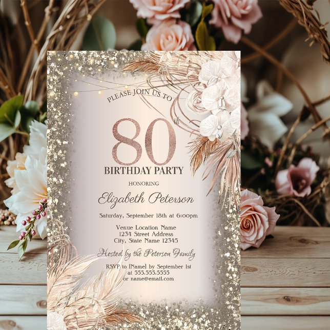 Convite Boho Flores, Luzes Moldura Brilho 80º Aniversário (Criador carregado)