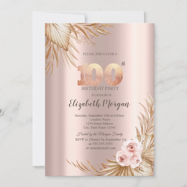 Convite Boho Flores Pampas Dourado Rosa 100º Aniversário (Frente)
