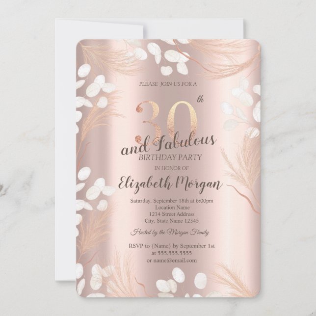 Convite Boho Flores Pampas Dourado Rosa 30º Aniversário (Frente)