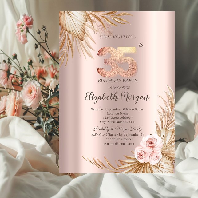Convite Boho Flores Pampas Dourado Rosa Aniversário de 35  (Criador carregado)