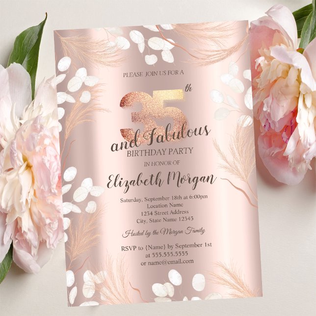 Convite Boho Flores Pampas Dourado Rosa Aniversário de 35  (Criador carregado)