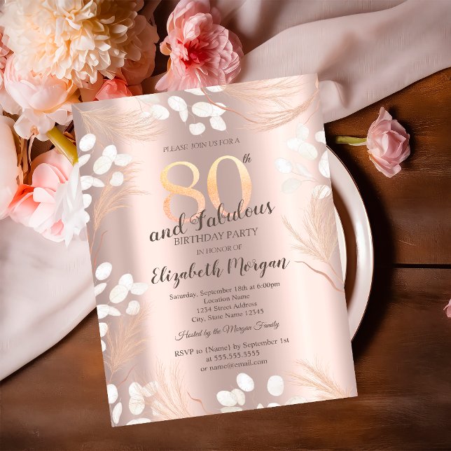 Convite Boho Flores Pampas Rosa Dourado Aniversário de 80  (Criador carregado)