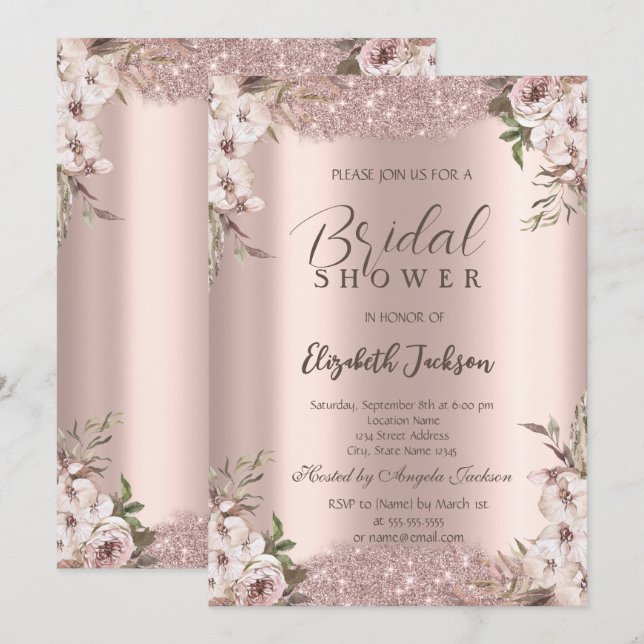 Convite Boho Flores Quadro Brilhante Rosa Dourado Chá de N (Frente/Verso)