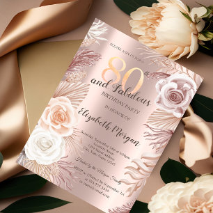 Convite Boho Flores Rosa Dourado Aniversário de 80 anos
