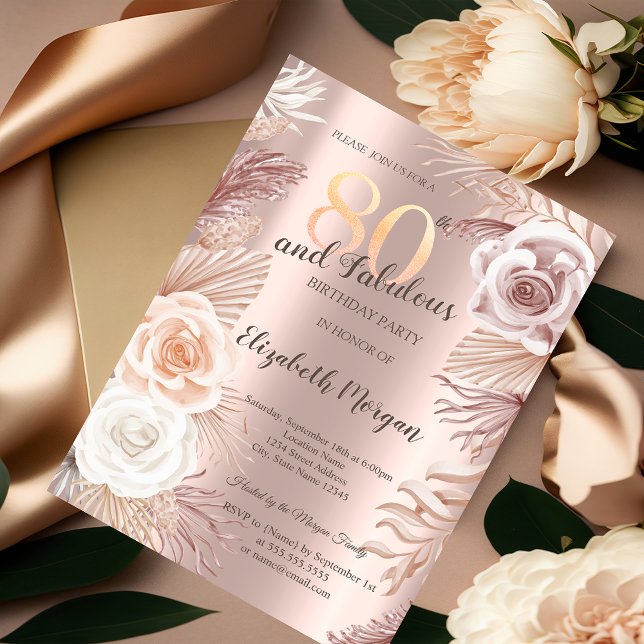 Convite Boho Flores Rosa Dourado Aniversário de 80 anos (Criador carregado)