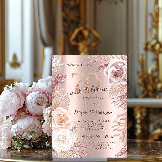 Convite Boho Flores Rosa Dourado Festa de 70 Anos de Idade (Criador carregado)