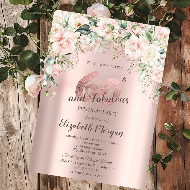 Convite Boho Flores Rosas Dourado Rosa Aniversário de 60 a (Criador carregado)