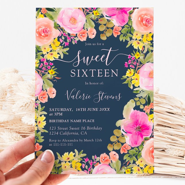 Convite Boho flores silvestres aquarela de jardim Sweet 16 (Boho wild flowers garden watercolor Sweet 16 Invitation on navy blue)