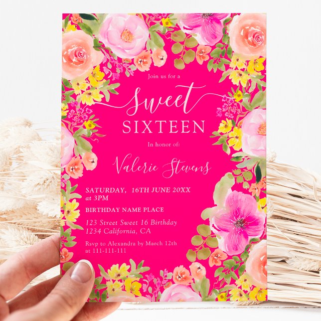 Convite Boho, flores silvestres, cor d'água doce 16 rosa (Boho wild flowers garden watercolor Sweet 16 Invitation)