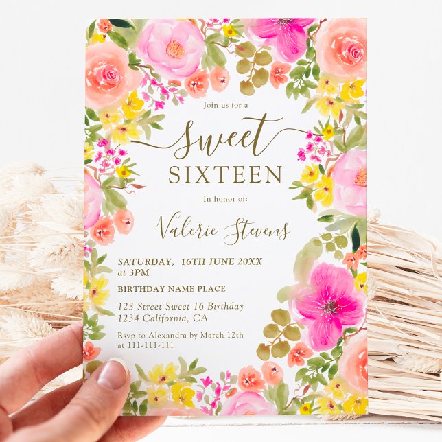 Convite Boho, flores silvestres, cor d'água, Sweet 16 (Boho wild flowers garden watercolor Sweet 16 Invitation)