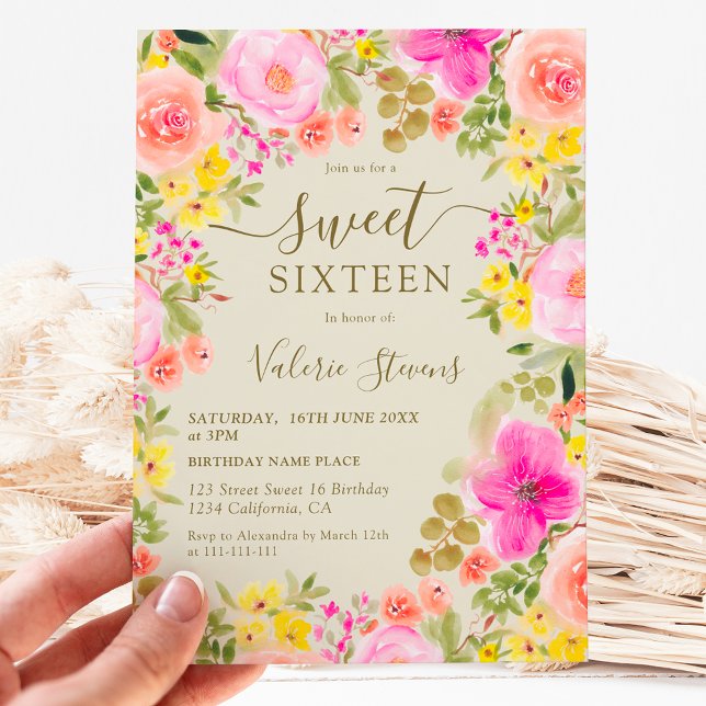 Convite Boho, flores silvestres, cor d'água, Sweet 16 (Boho wild flowers garden watercolor Sweet 16 Invitation on light green)